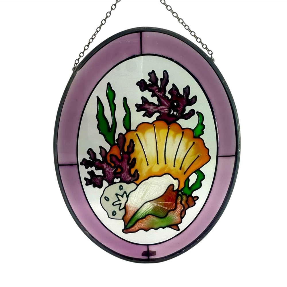 Joan Baker Designs Hand Painted Glass Hanging Sun Catcher Coral Seashells Beach